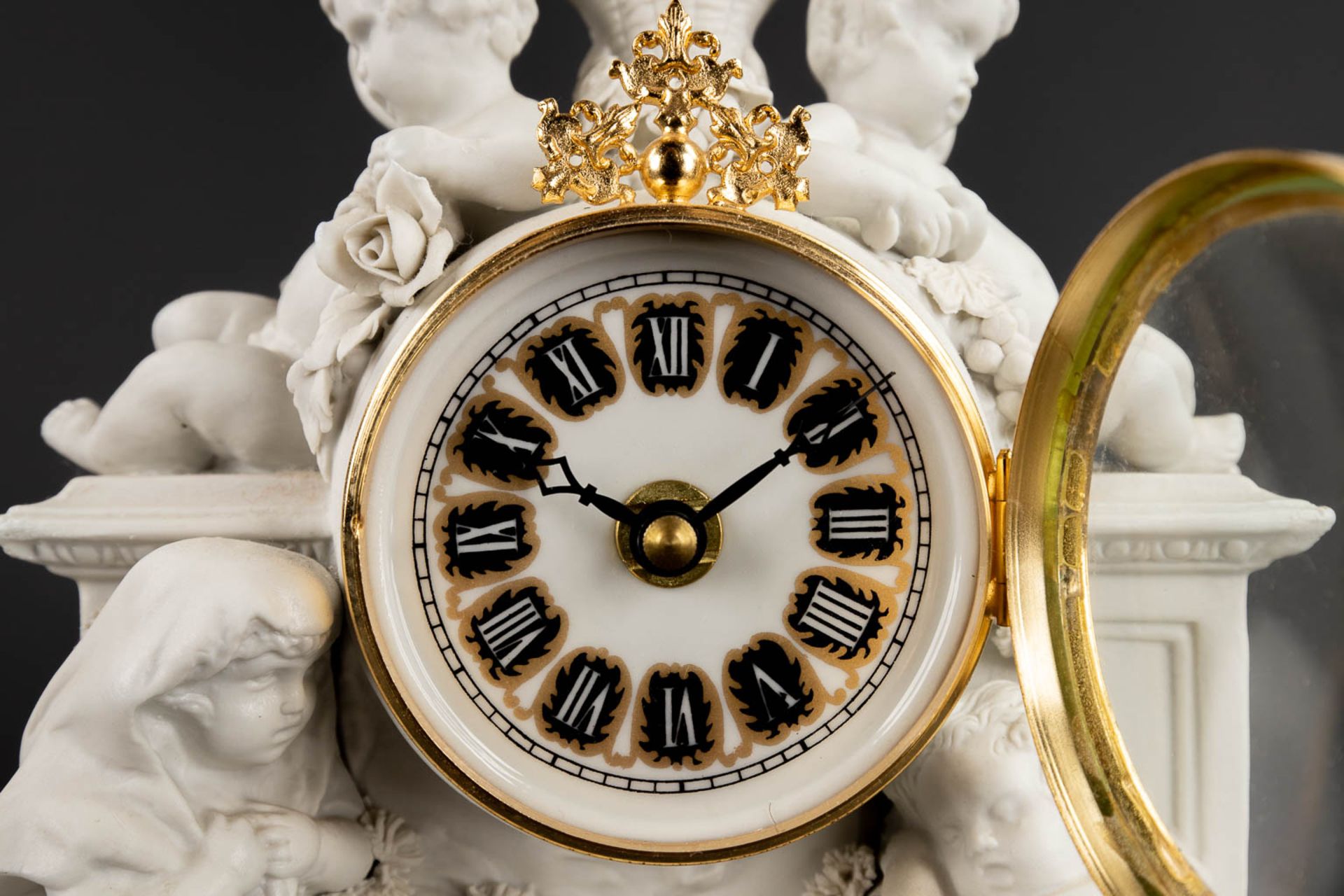 A three piece mantle garniture clock and candelabra, bisque porcelain, 20th C. (D:11 x W:25 x H:26 c - Bild 13 aus 15