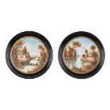 A pair of framed hand-painted porcelain plates, decorated with a landscape. 19th C. (D:49 cm)