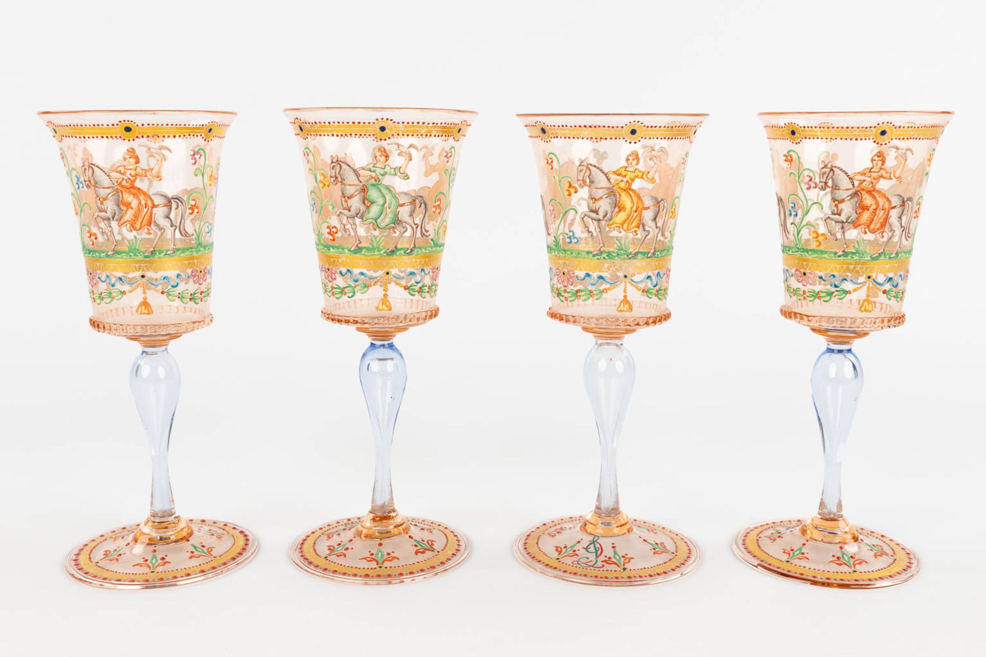 A set of 4 hand-painted and antique goblets, Murano, Salviati, 19th C. (H:17 x D:7 cm) - Image 3 of 16