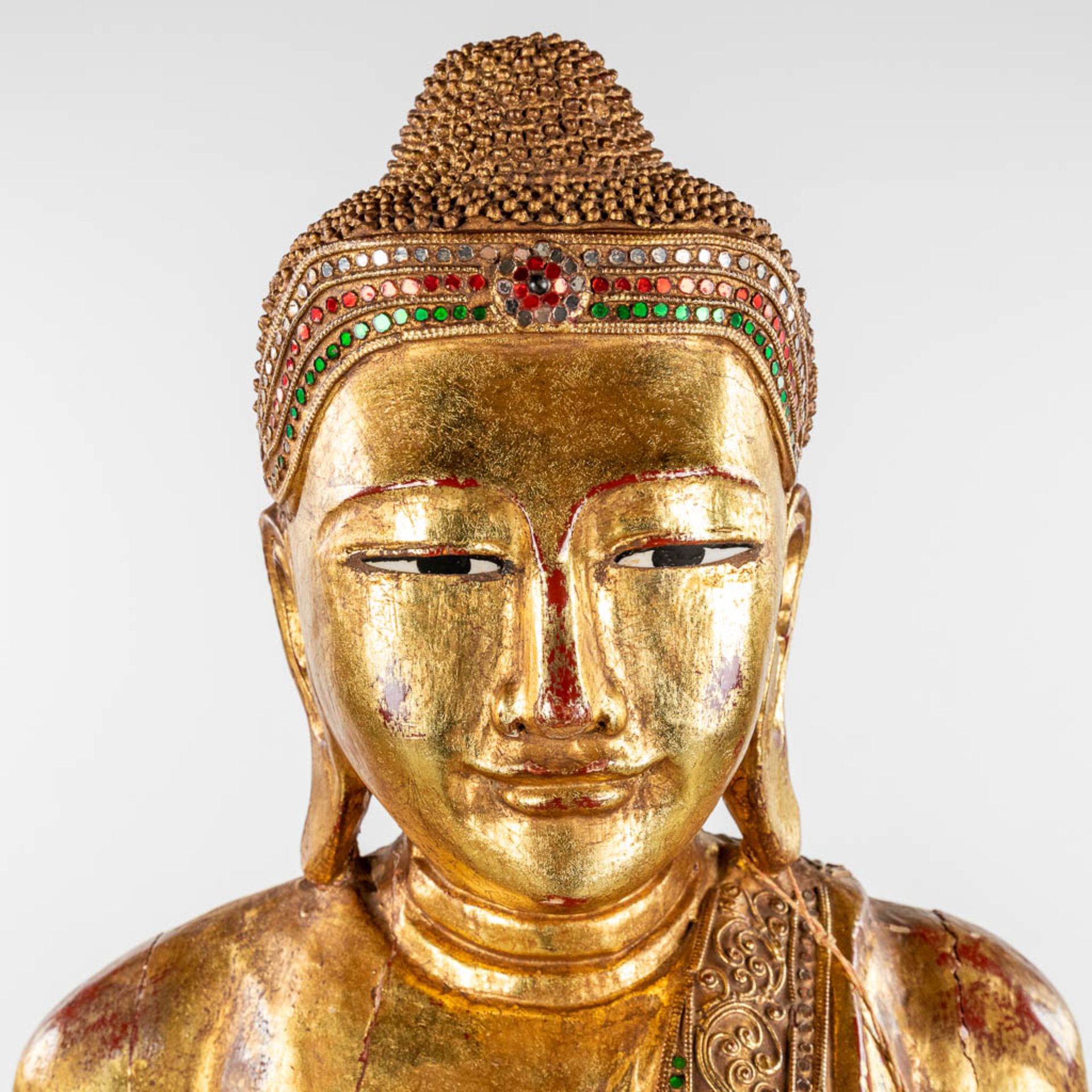A large and decorative wood sculptured figurine of Buddha, 20th C. (D:30 x W:67 x H:164 cm) - Image 8 of 15