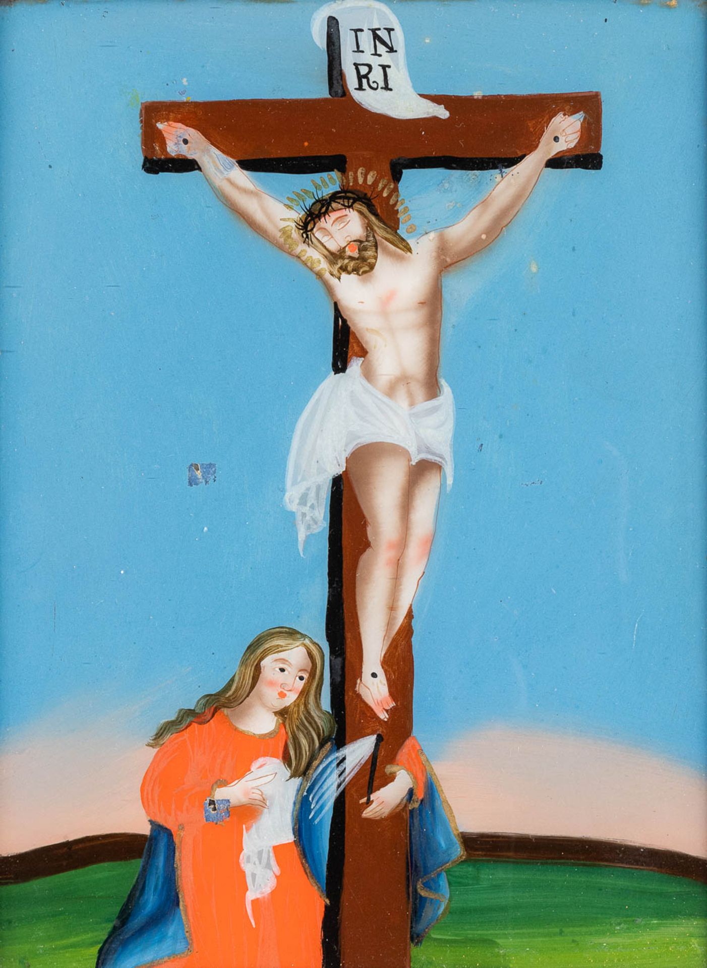 An antique Eglomisé, 'Jesus hanging from the cross', reverse glass painting. 18th C. (W:19 x H:26 cm