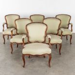 Set of 6 Armchairs, Louis XV, sculptured oak and reupholstered. 18th C. (D:60 x W:65 x H:88 cm)