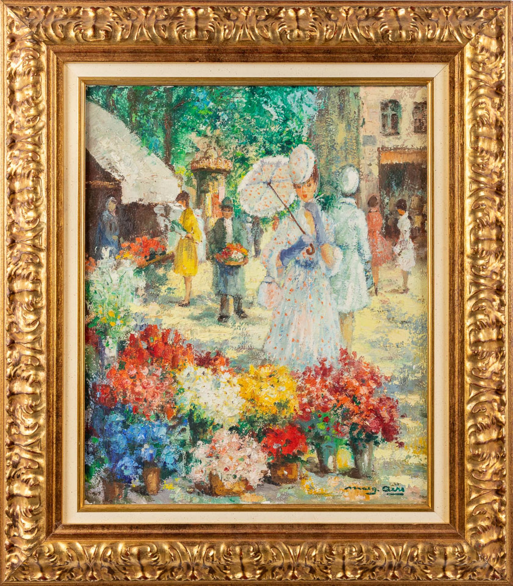 Marguerite AERS (1918-1995) 'The Flower Market' oil on canvas. (W:45 x H:55 cm) - Image 3 of 8