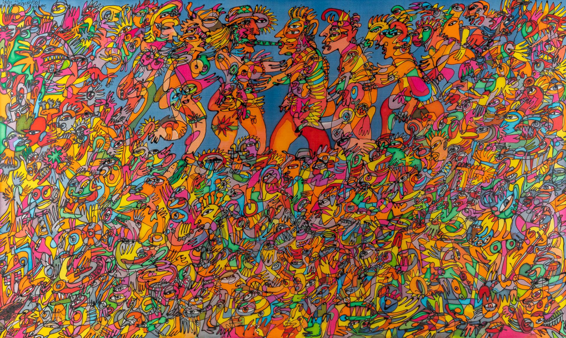 Koen SCHERPEREEL (1961-1997) 'Figurines' mixed media on silk. 1995 (W:141 x H:84 cm)
