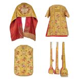 Lithurgical vestments, a Dalmatic, Roman Chasuble and Humeral veil, rich embroideries with floral de