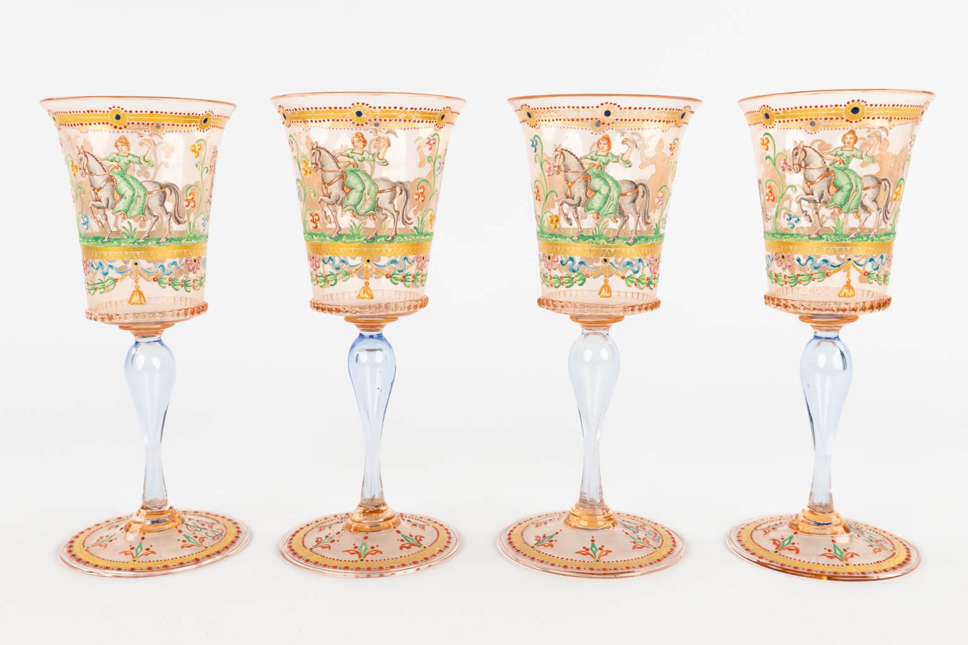 A set of 4 hand-painted and antique goblets, Murano, Salviati, 19th C. (H:17 x D:7 cm) - Image 6 of 16