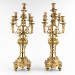 A pair of candelabra with 7 candle holders, bronze with mythological figurines, 19th C. (D:28 x W:28