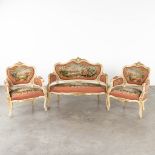 A three-piece salon set, Louis XV style finished with embroideries. 20th C. (D:68 x W:123 x H:95 cm)