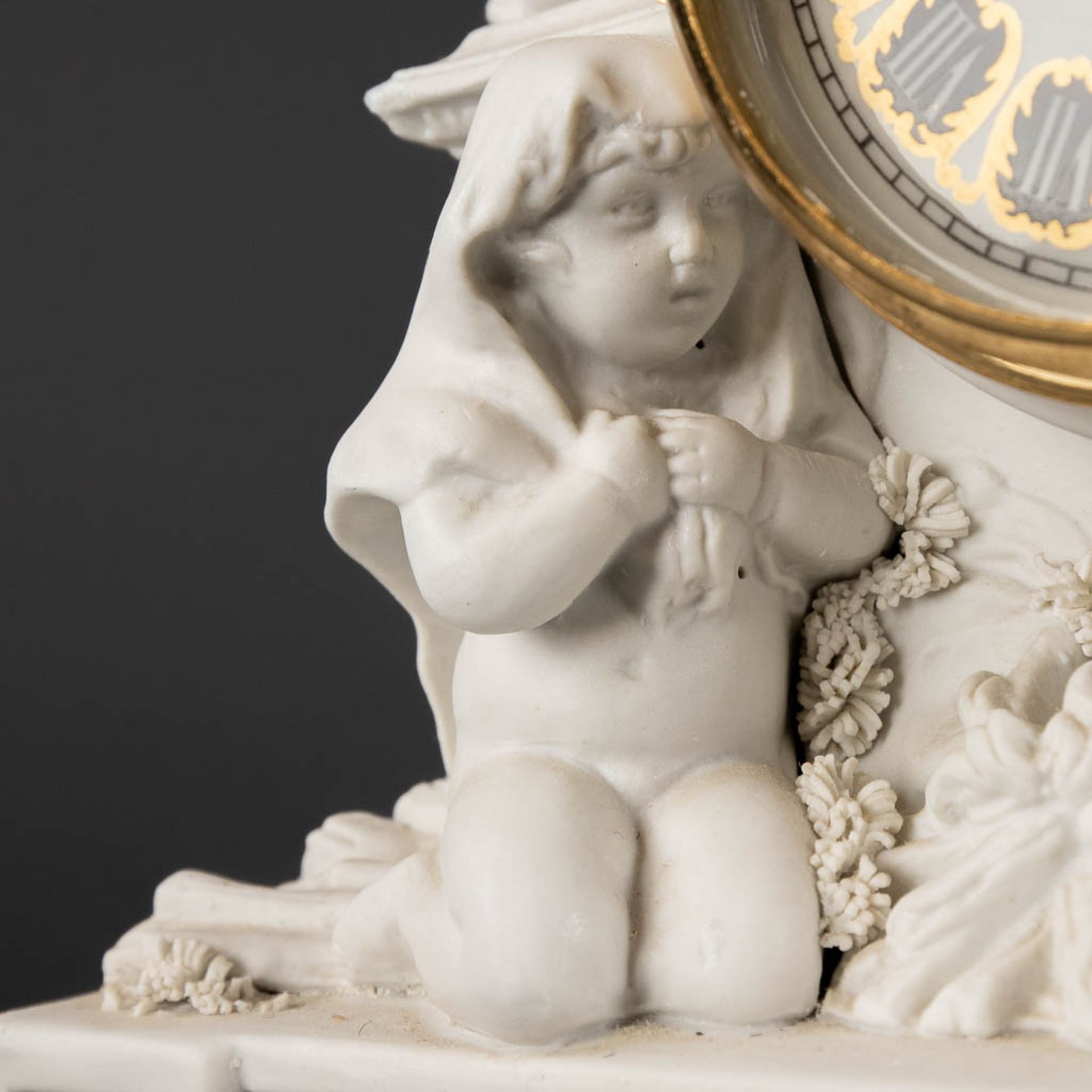 A three piece mantle garniture clock and candelabra, bisque porcelain, 20th C. (D:11 x W:25 x H:26 c - Bild 11 aus 15