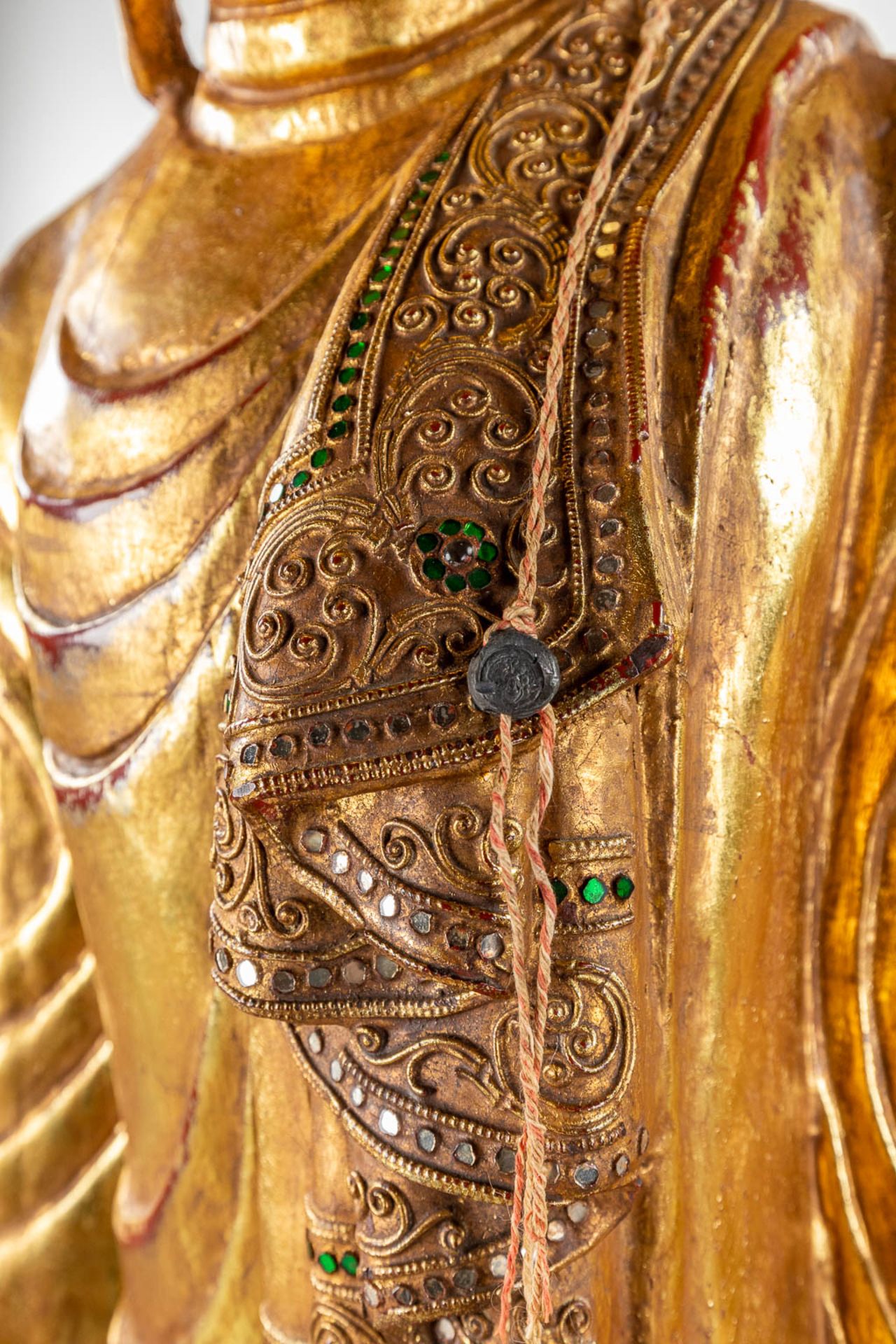 A large and decorative wood sculptured figurine of Buddha, 20th C. (D:30 x W:67 x H:164 cm) - Image 14 of 15