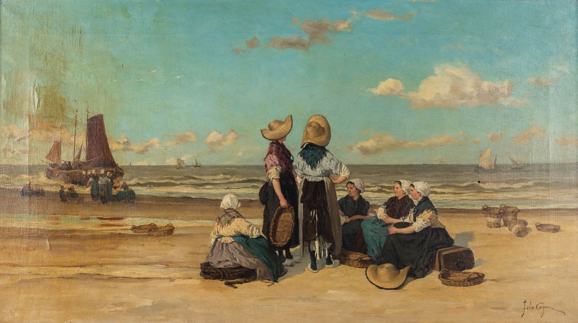 Félix COGEN (1838-1907) 'Fisherman's wife on the beach' oil on canvas. (W:80 x H:45 cm)