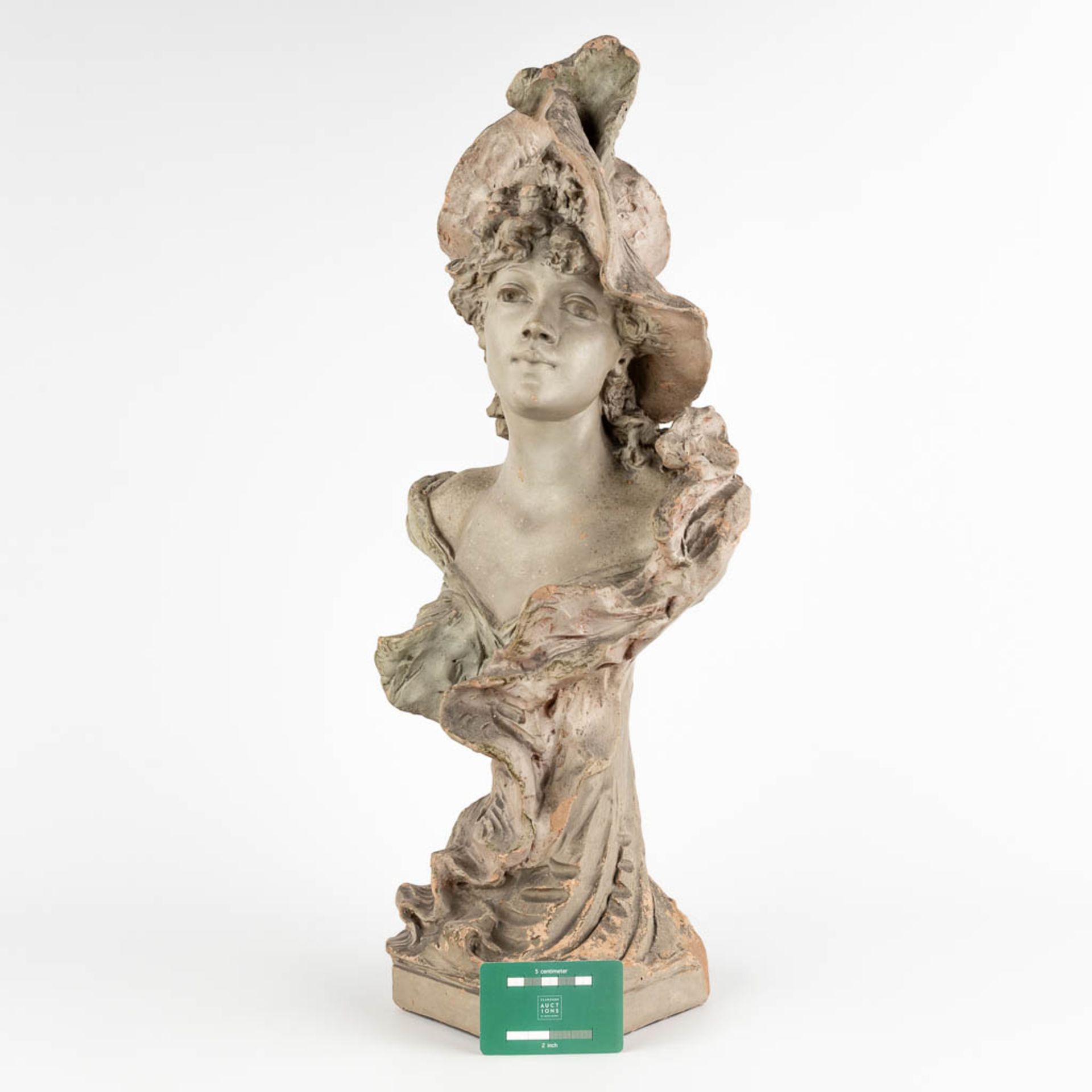 Van Hasselt &amp; Co, 'Bust of a lady' patinated terracotta. Art Nouveau period. (D:19 x W:28 x H:61 - Image 2 of 15