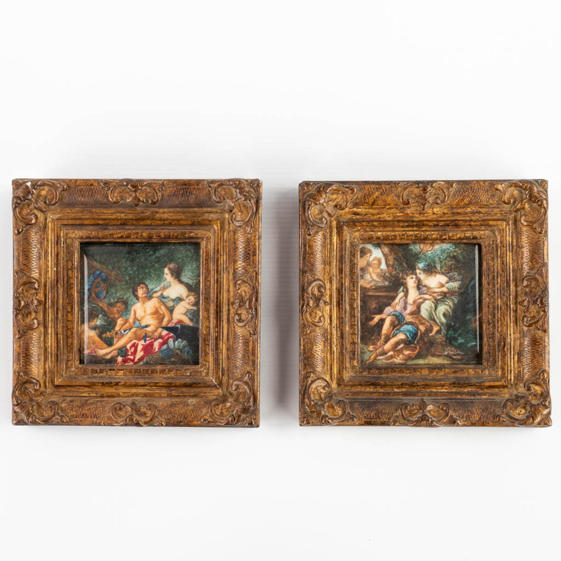 Two miniature paintings, oil on bone. After François Boucher. 19th C. (W:9 x H:9 cm)