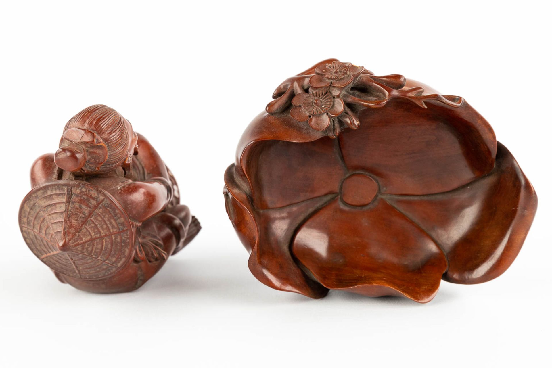 Two Chinese wood sculptures, a fisherman and a brushpot in the shape of a lotus flower. (D:8 x W:8 x - Image 9 of 13