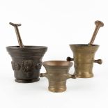 Three antique mortars with two pestles, bronze. 18th C. (H:13 x D:16 cm)