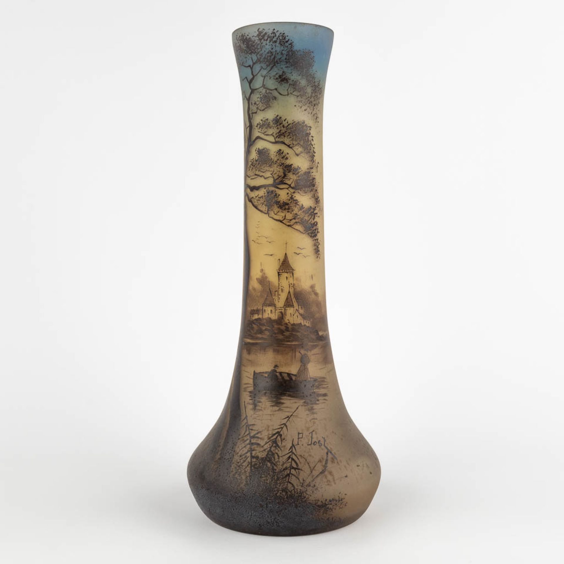Pierre Jost for Verrerie Dolhain, a hand-painted vase. (H:35 x D:14,5 cm)