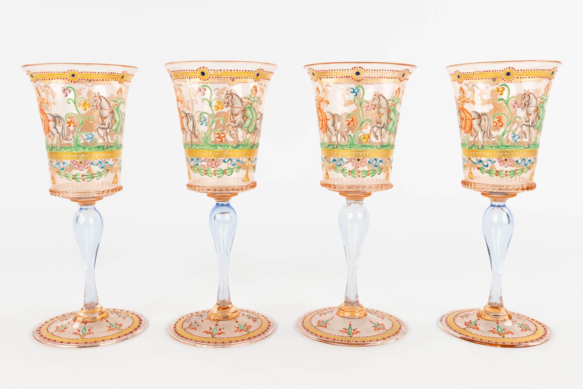 A set of 4 hand-painted and antique goblets, Murano, Salviati, 19th C. (H:17 x D:7 cm) - Image 7 of 16