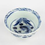 A small Chinese tea bowl with blue-white fish decor. Ming dynasty. (H:3,7 x D:8 cm)
