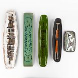 Five trays, glazed ceramics by Perignem, Poost, Sanchez, Tieberghien, ... (D:15 x W:60 cm)