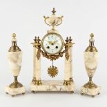 A three-piece mantle garniture clock and cassolettes, marble mounted with bronze. Circa 1900. (D:12