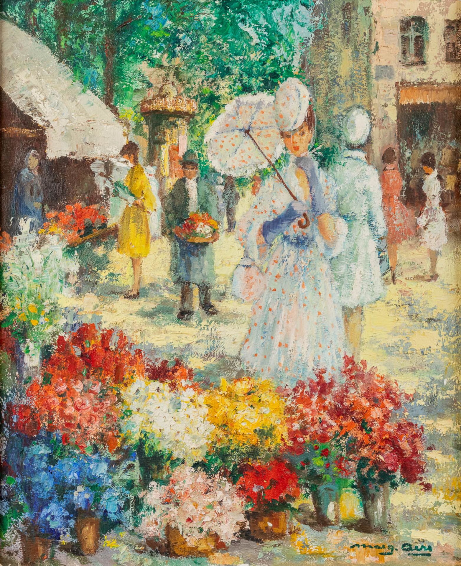 Marguerite AERS (1918-1995) 'The Flower Market' oil on canvas. (W:45 x H:55 cm)
