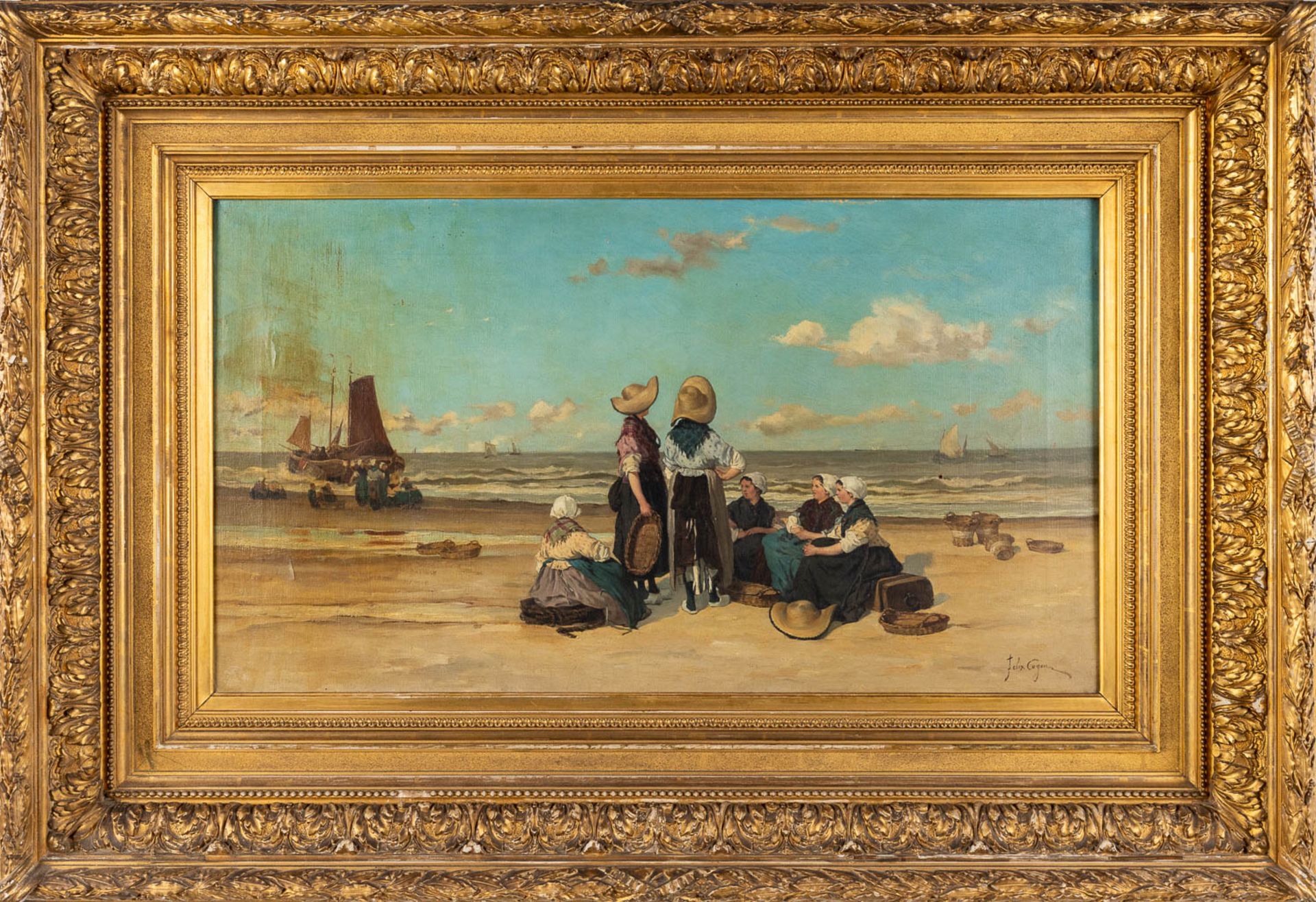 Félix COGEN (1838-1907) 'Fisherman's wife on the beach' oil on canvas. (W:80 x H:45 cm) - Image 3 of 9