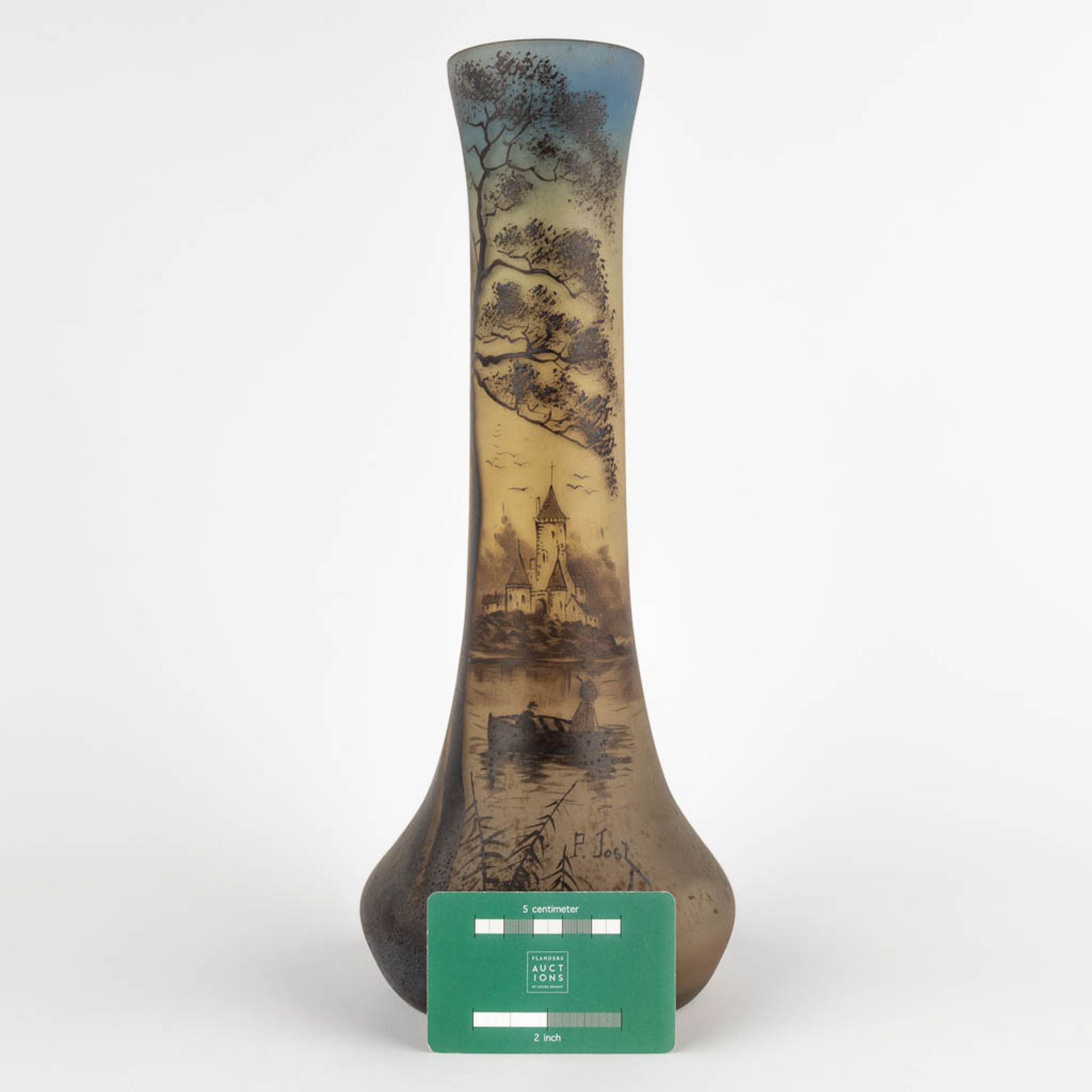 Pierre Jost for Verrerie Dolhain, a hand-painted vase. (H:35 x D:14,5 cm) - Image 2 of 11