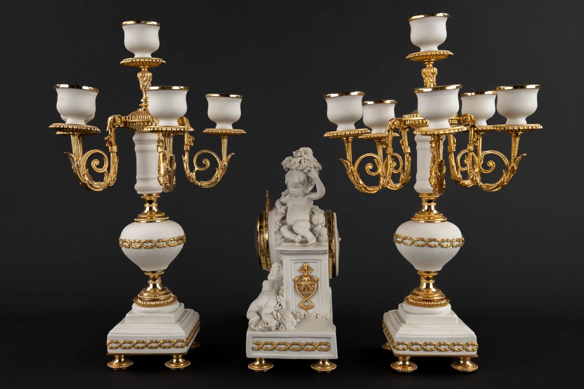 A three piece mantle garniture clock and candelabra, bisque porcelain, 20th C. (D:11 x W:25 x H:26 c - Bild 6 aus 15