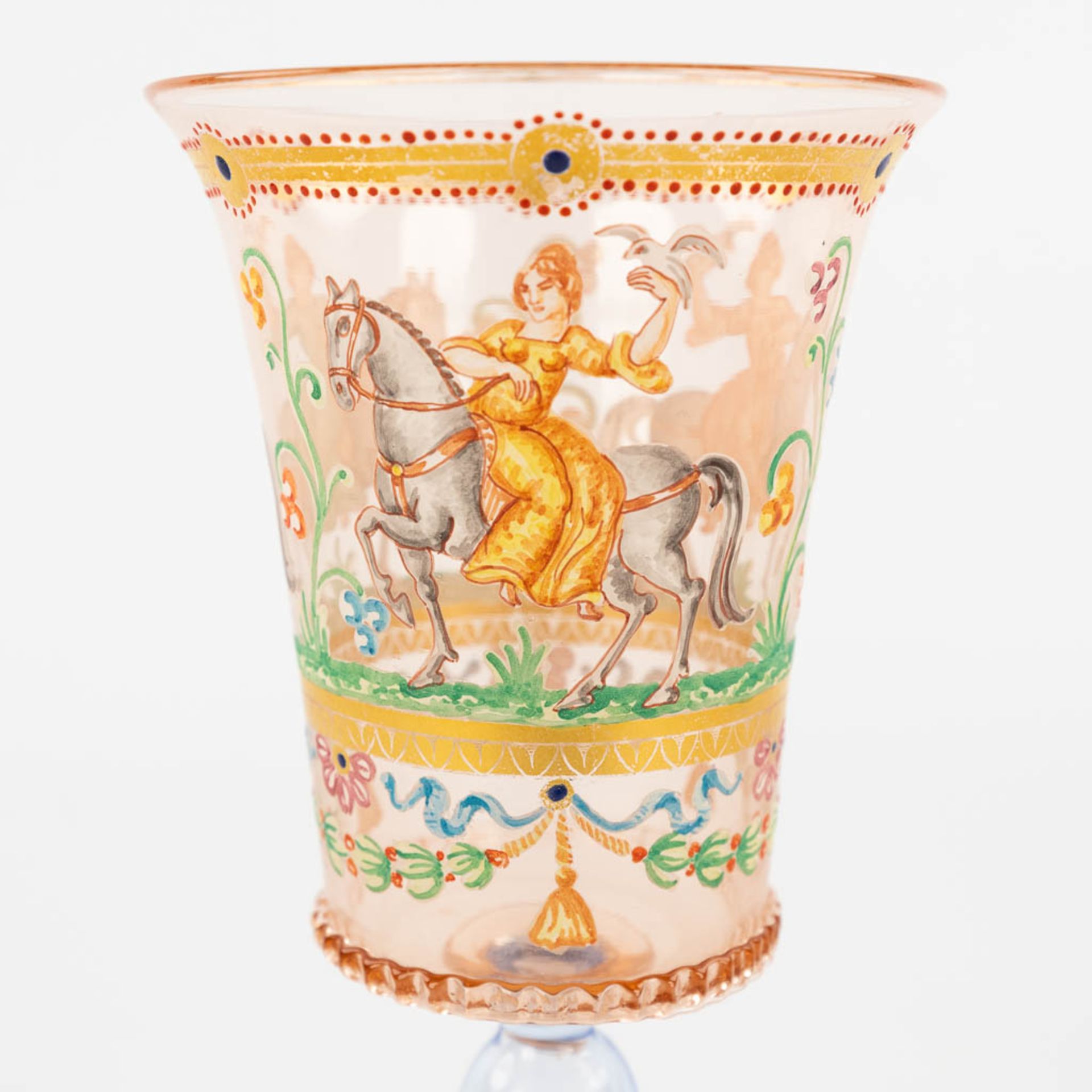 A set of 4 hand-painted and antique goblets, Murano, Salviati, 19th C. (H:17 x D:7 cm) - Image 10 of 16