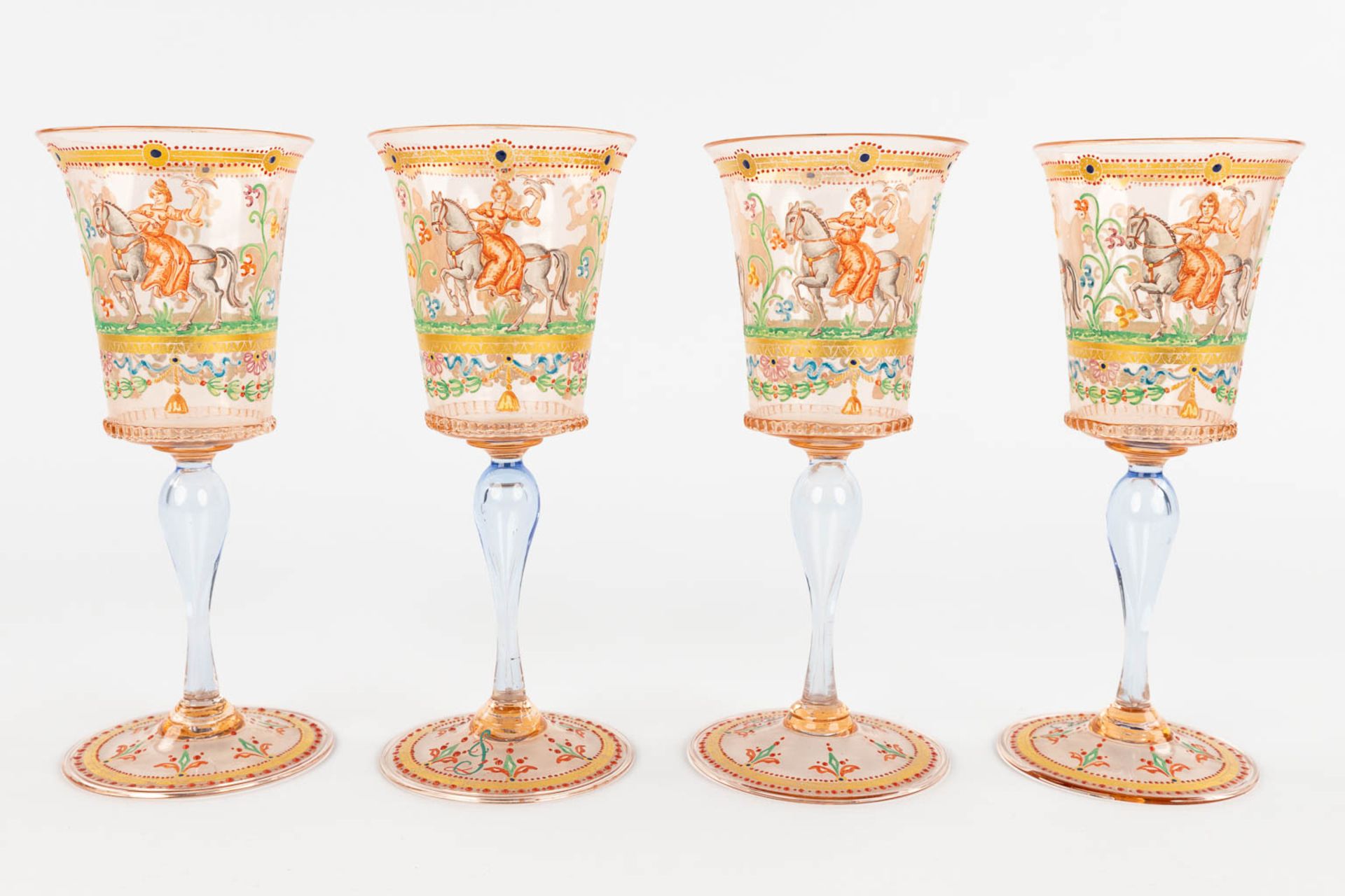 A set of 4 hand-painted and antique goblets, Murano, Salviati, 19th C. (H:17 x D:7 cm) - Image 4 of 16