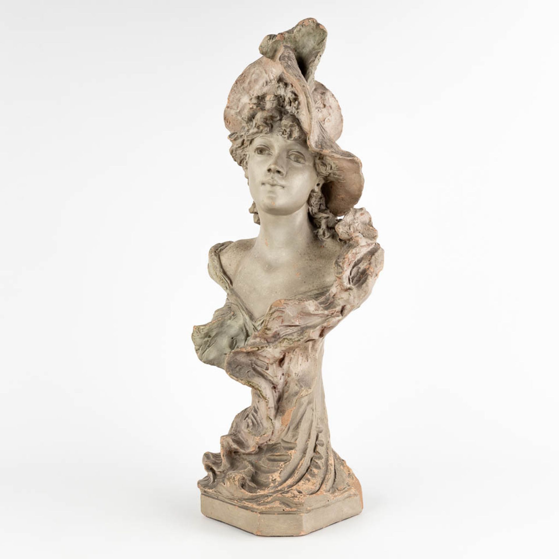 Van Hasselt &amp; Co, 'Bust of a lady' patinated terracotta. Art Nouveau period. (D:19 x W:28 x H:61