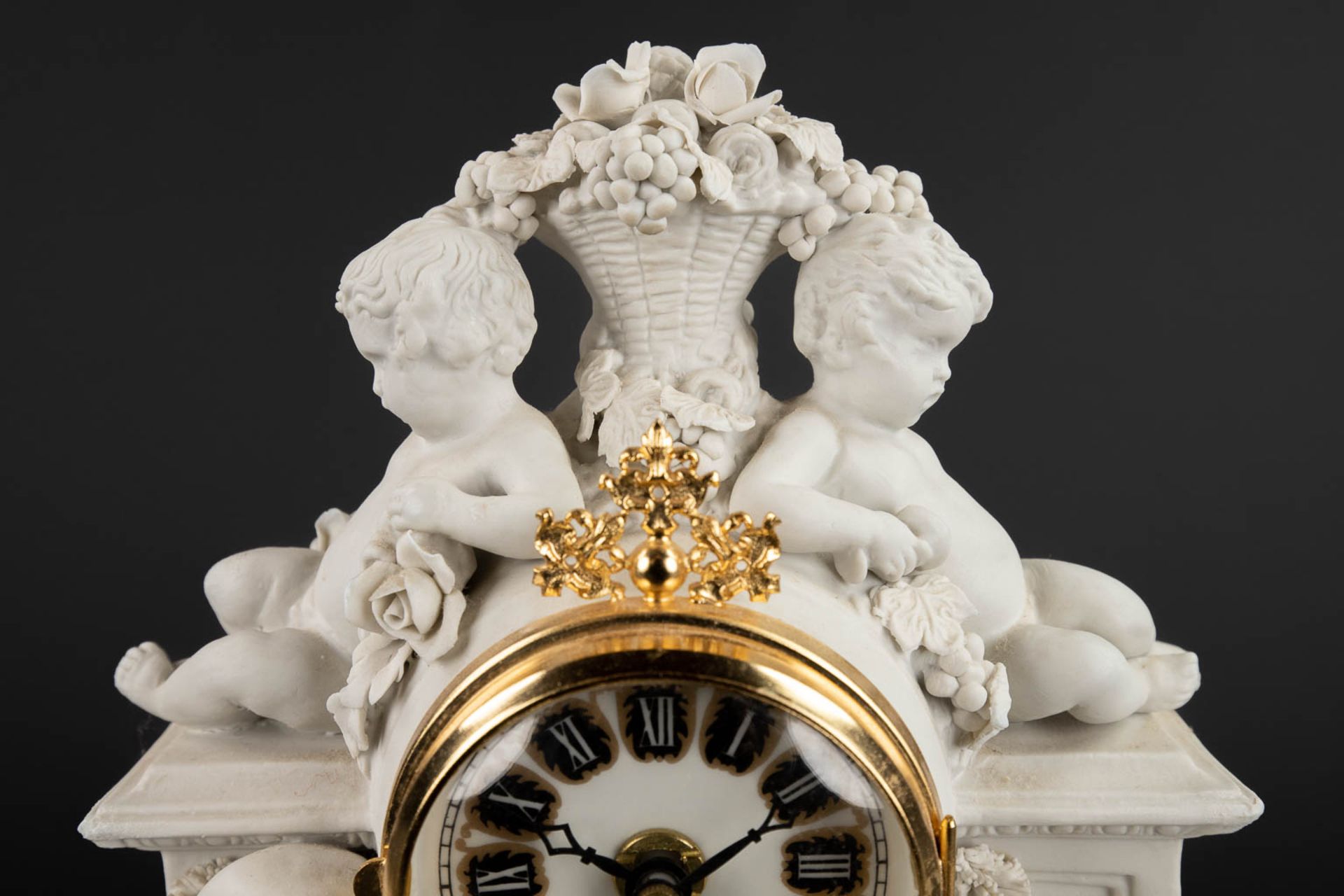 A three piece mantle garniture clock and candelabra, bisque porcelain, 20th C. (D:11 x W:25 x H:26 c - Bild 8 aus 15