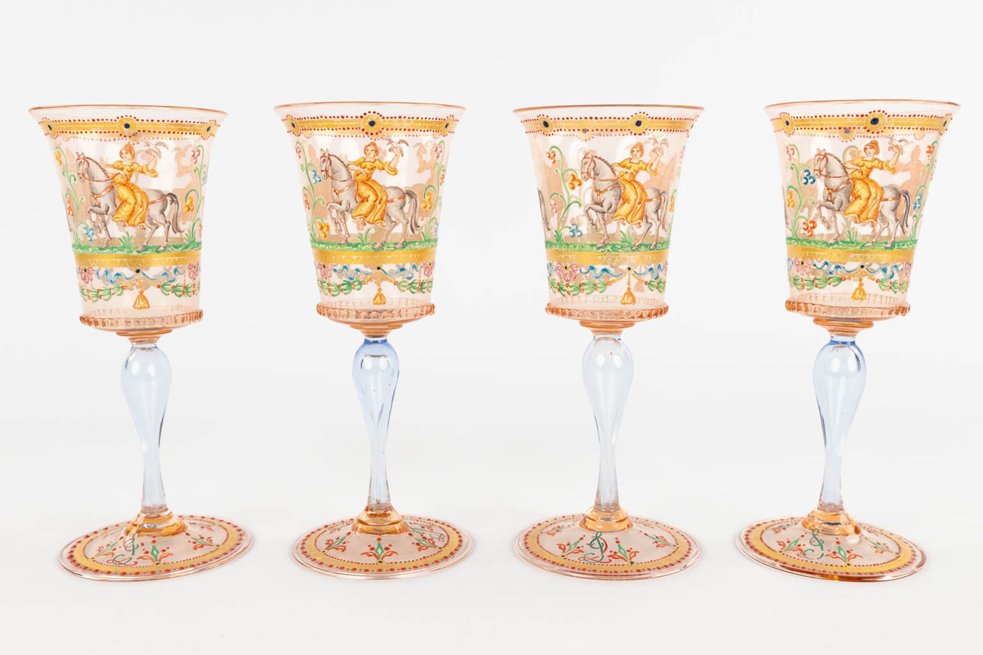 A set of 4 hand-painted and antique goblets, Murano, Salviati, 19th C. (H:17 x D:7 cm) - Image 5 of 16