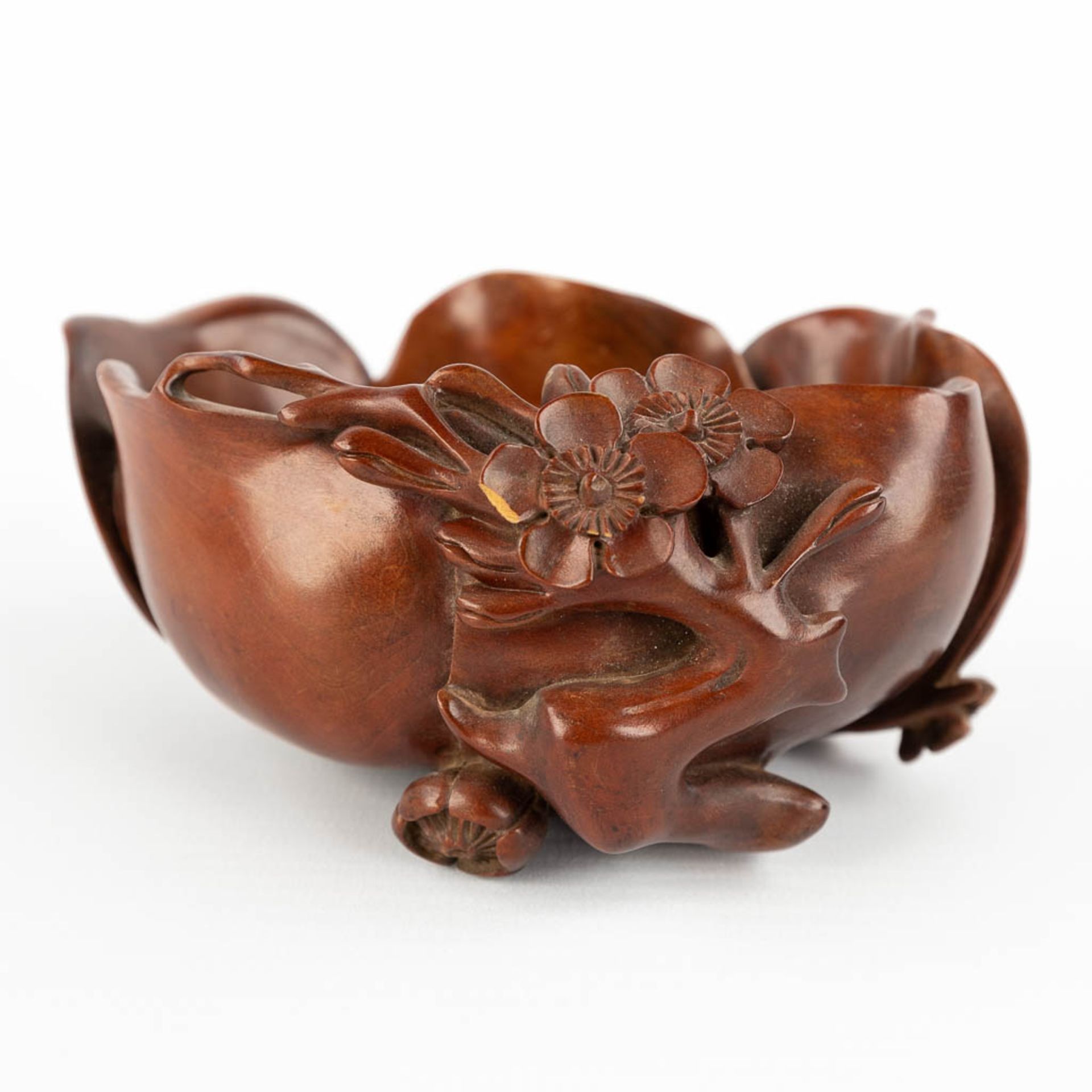 Two Chinese wood sculptures, a fisherman and a brushpot in the shape of a lotus flower. (D:8 x W:8 x - Image 12 of 13