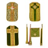 Lithurgical vestments 'Three Roman Chasubles, Stola and Chalice veil', embroideries with a figurativ