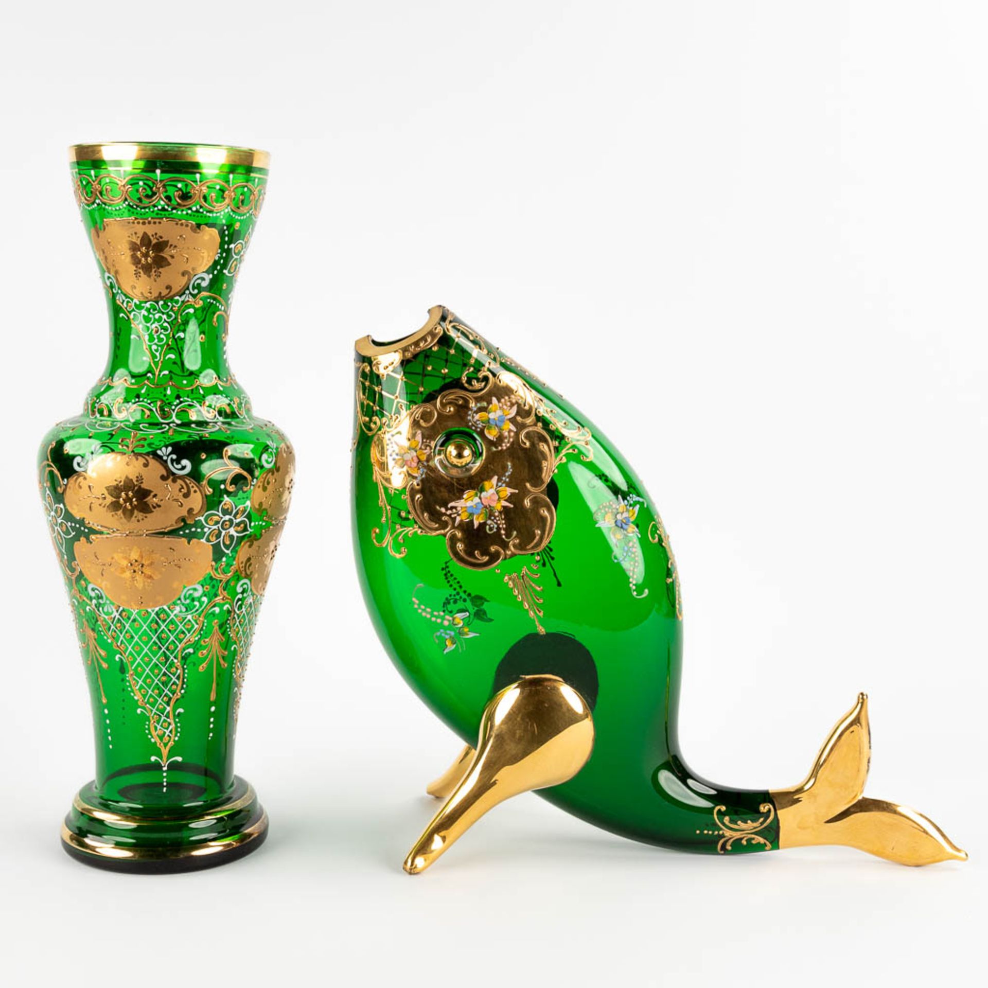 A fish and a vase, art glass, Murano, Italy. (H:44 x D:15 cm)