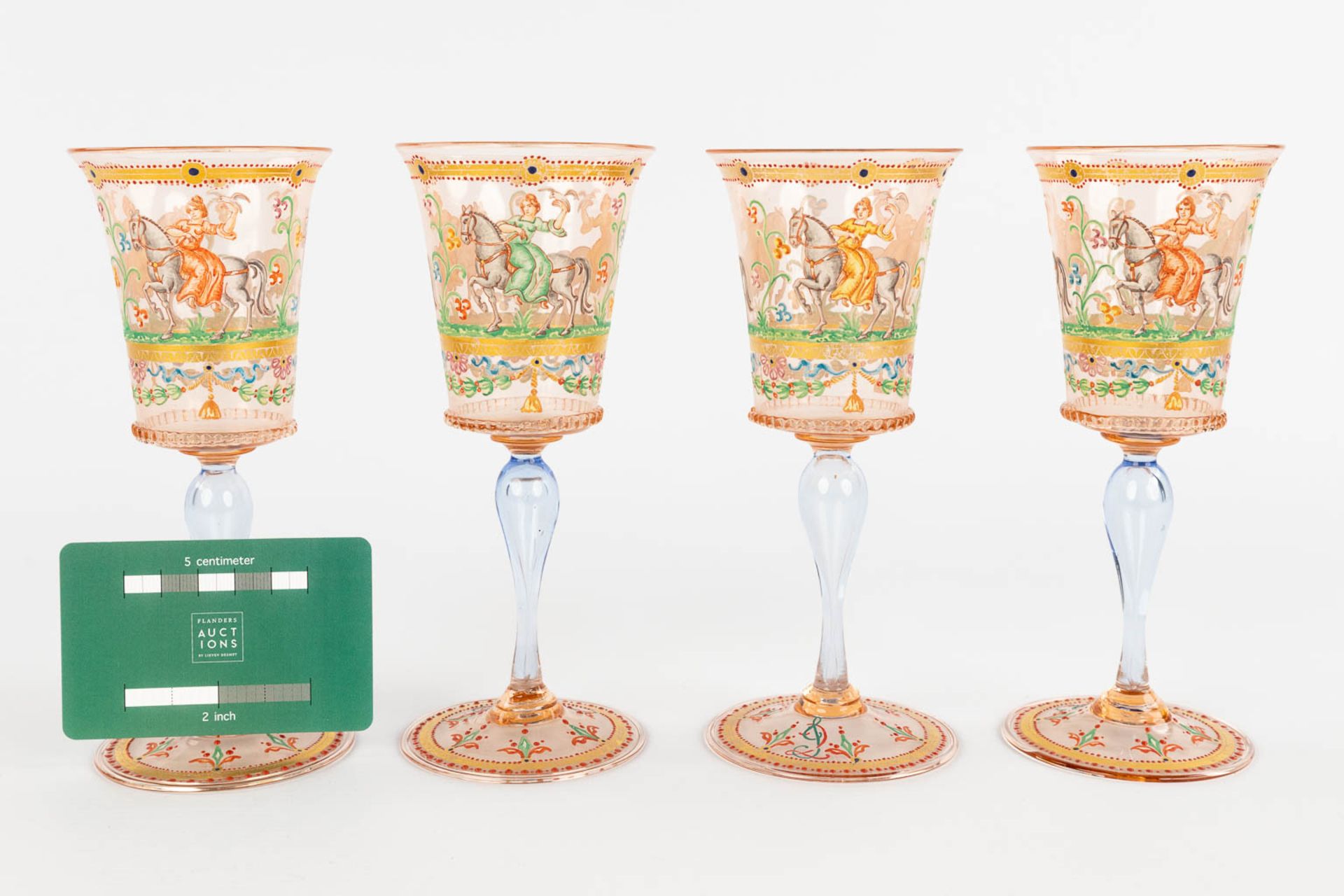A set of 4 hand-painted and antique goblets, Murano, Salviati, 19th C. (H:17 x D:7 cm) - Image 2 of 16