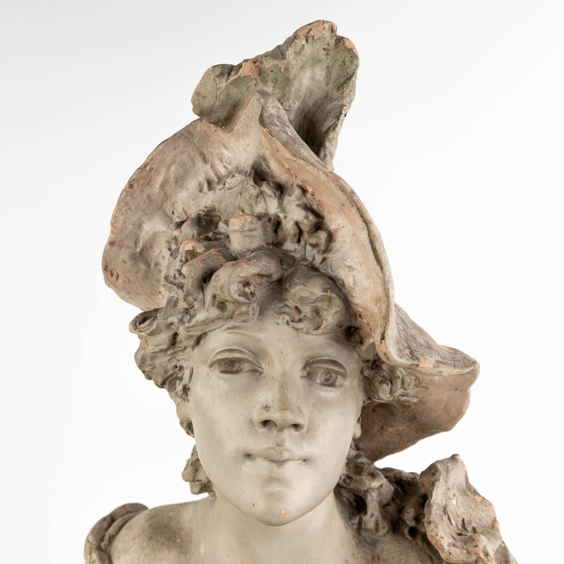 Van Hasselt &amp; Co, 'Bust of a lady' patinated terracotta. Art Nouveau period. (D:19 x W:28 x H:61 - Image 7 of 15