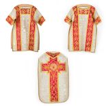 Lithurgical vestments 'Two dalmatics and a Roman Chasuble', embroideries with a floral decor and IHS