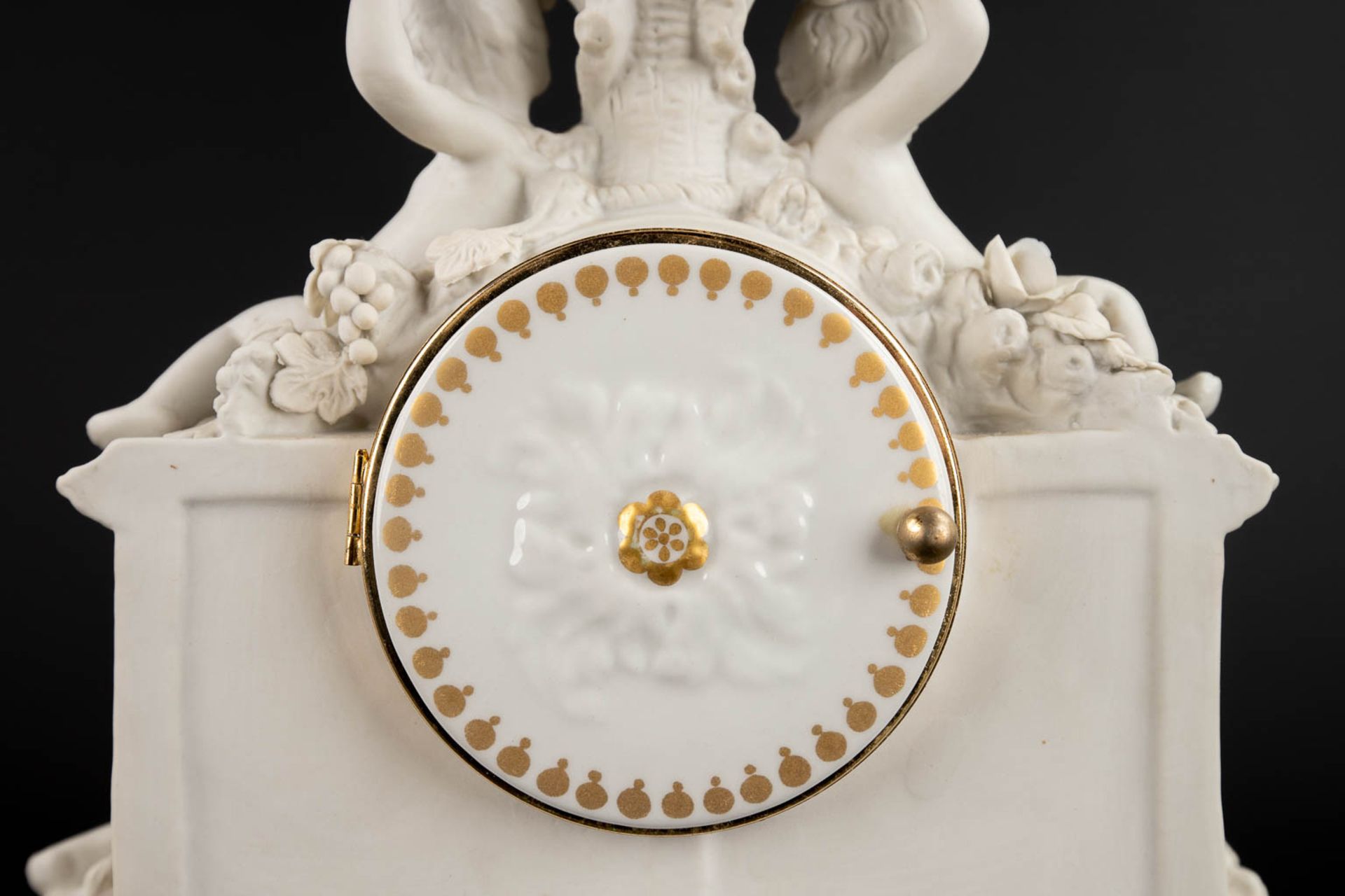 A three piece mantle garniture clock and candelabra, bisque porcelain, 20th C. (D:11 x W:25 x H:26 c - Bild 14 aus 15