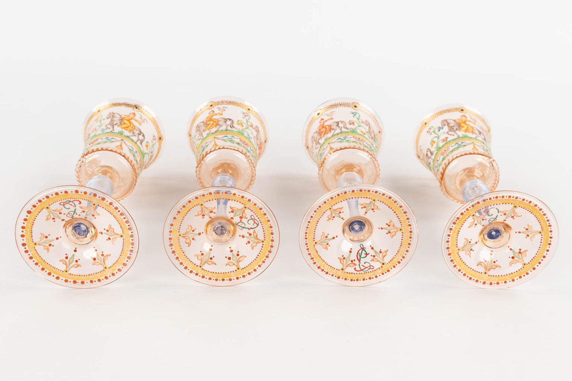 A set of 4 hand-painted and antique goblets, Murano, Salviati, 19th C. (H:17 x D:7 cm) - Image 8 of 16