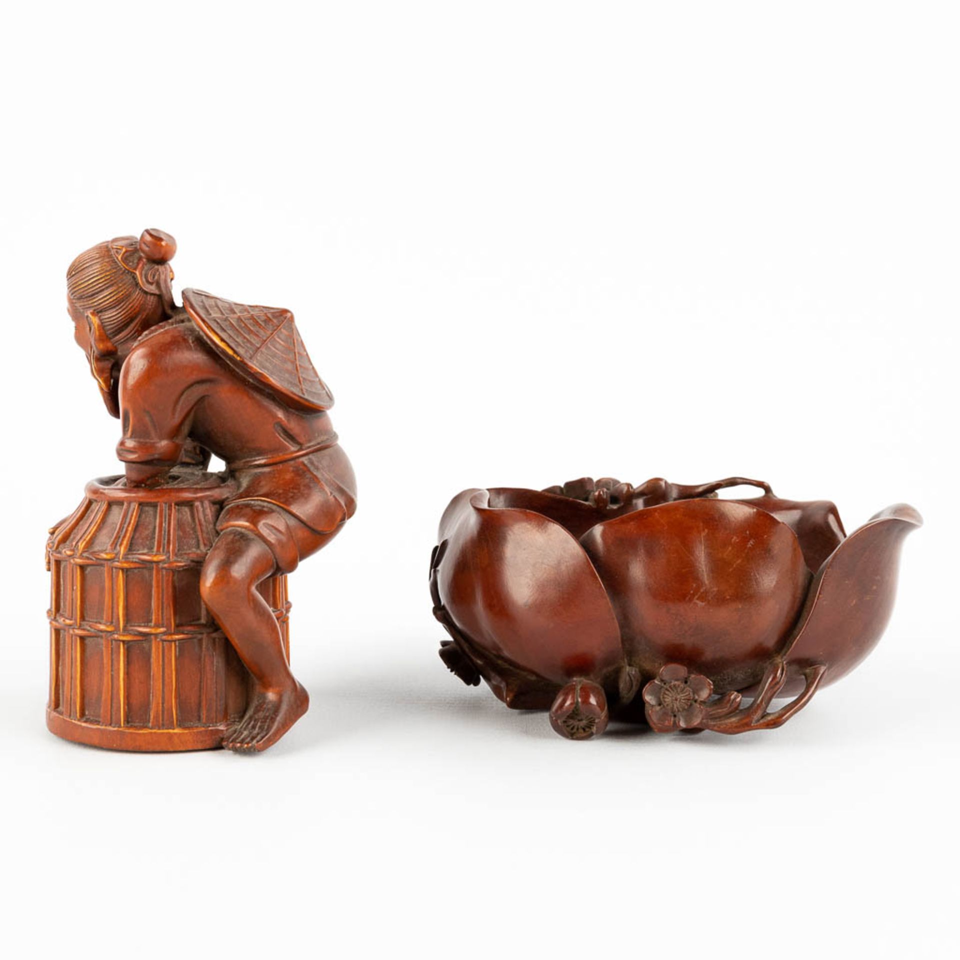 Two Chinese wood sculptures, a fisherman and a brushpot in the shape of a lotus flower. (D:8 x W:8 x - Image 6 of 13