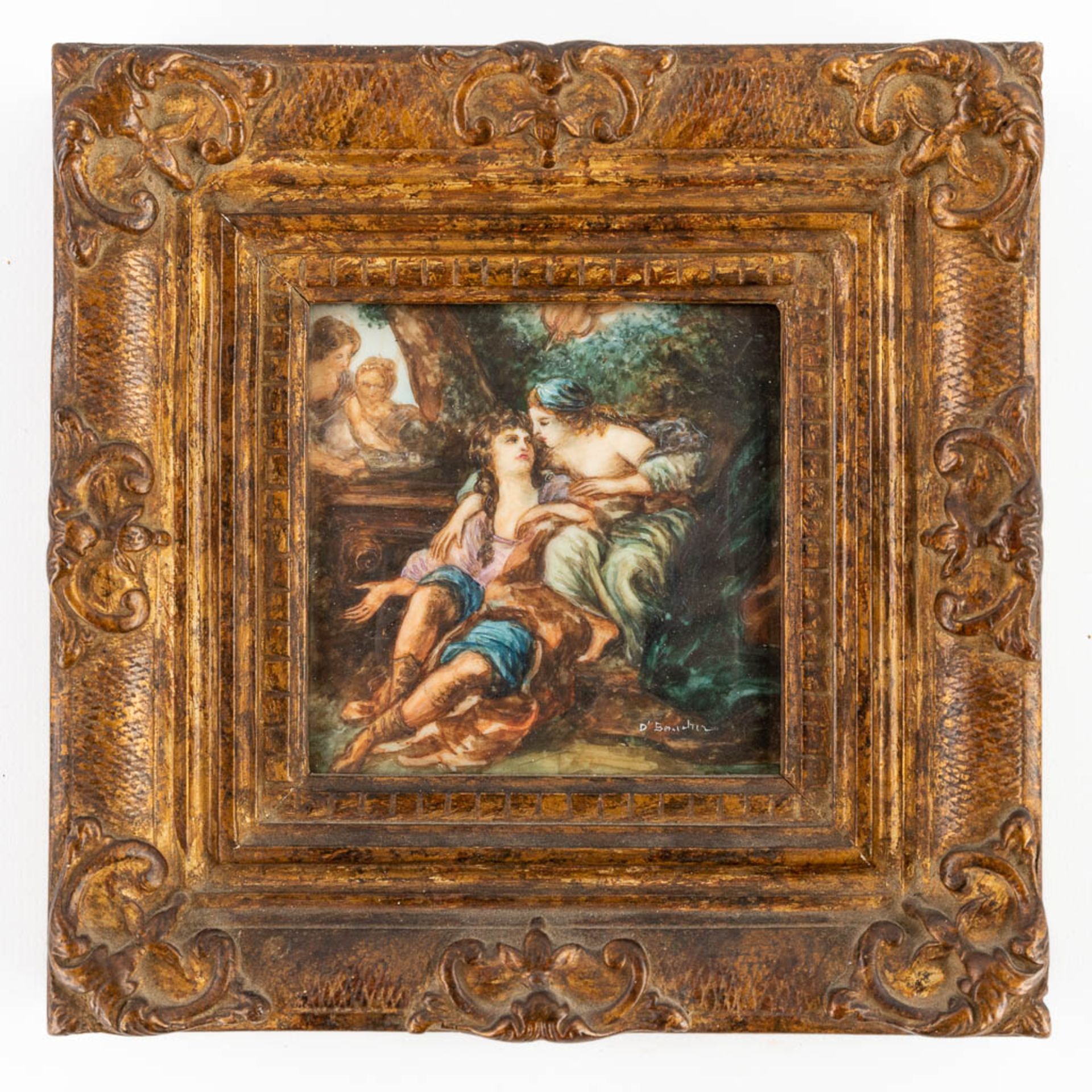 Two miniature paintings, oil on bone. After François Boucher. 19th C. (W:9 x H:9 cm) - Image 8 of 11