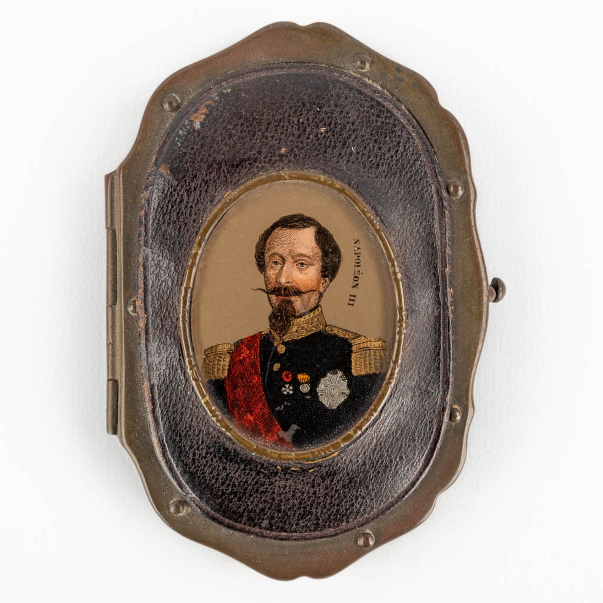 An antique wallet with a miniature painting of Napoleon 3rd and l'Imperatrice des Français. 19th C.