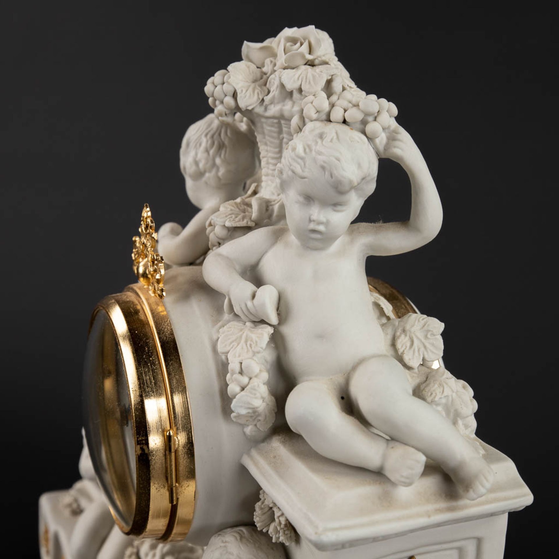 A three piece mantle garniture clock and candelabra, bisque porcelain, 20th C. (D:11 x W:25 x H:26 c - Bild 10 aus 15