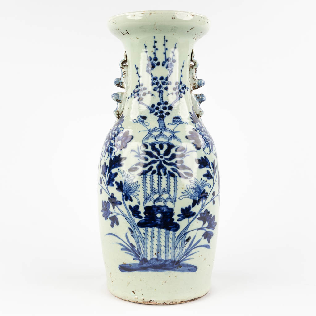 Three Chinese vases with a blue-white decor and Celadon. 19th/20th C. (H:43 x D:19 cm) - Image 12 of 18