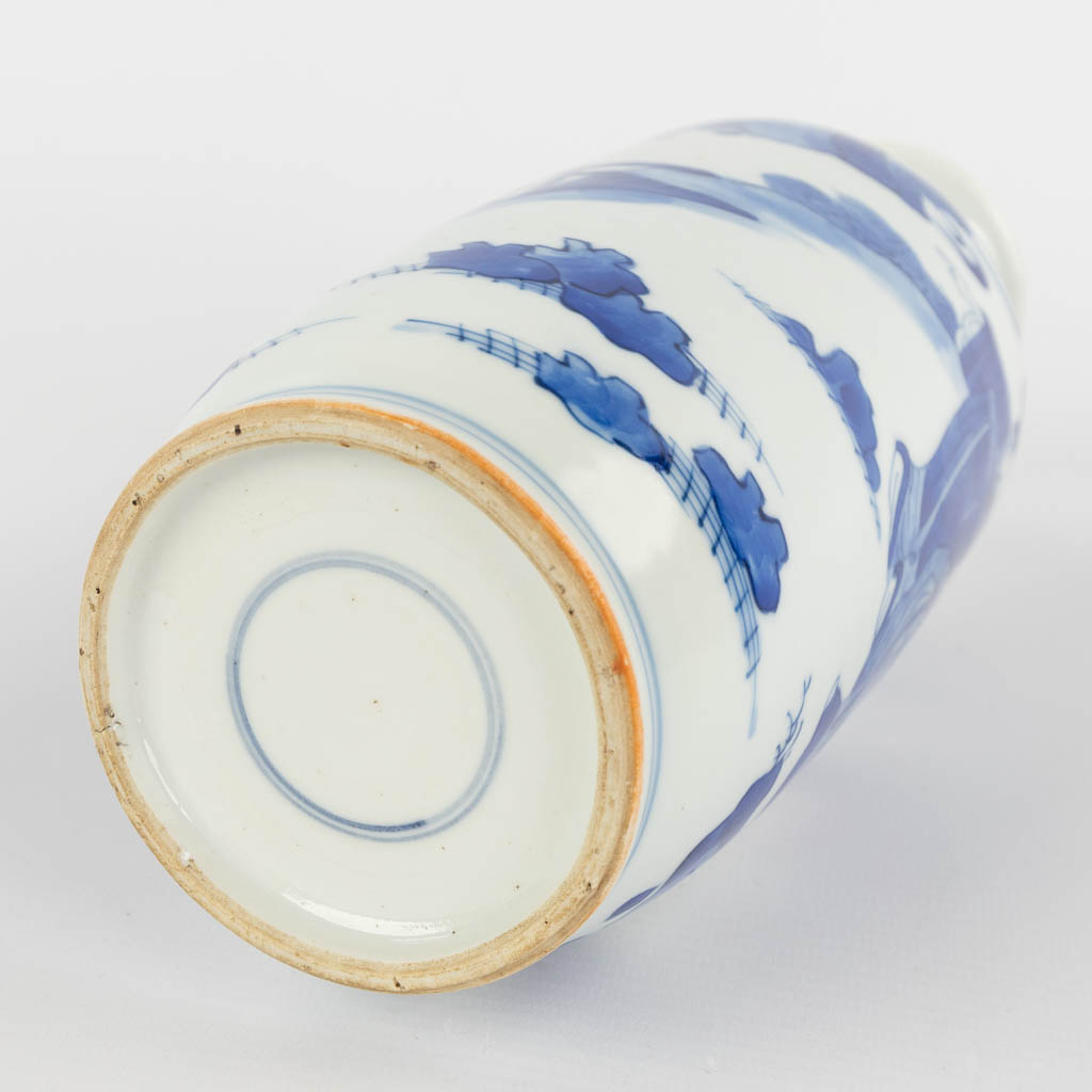 A Chinese vase decorated with blue-white figurines, 18th/19th C. (D:10,5 x W:10,5 x H:26 cm) - Image 7 of 12