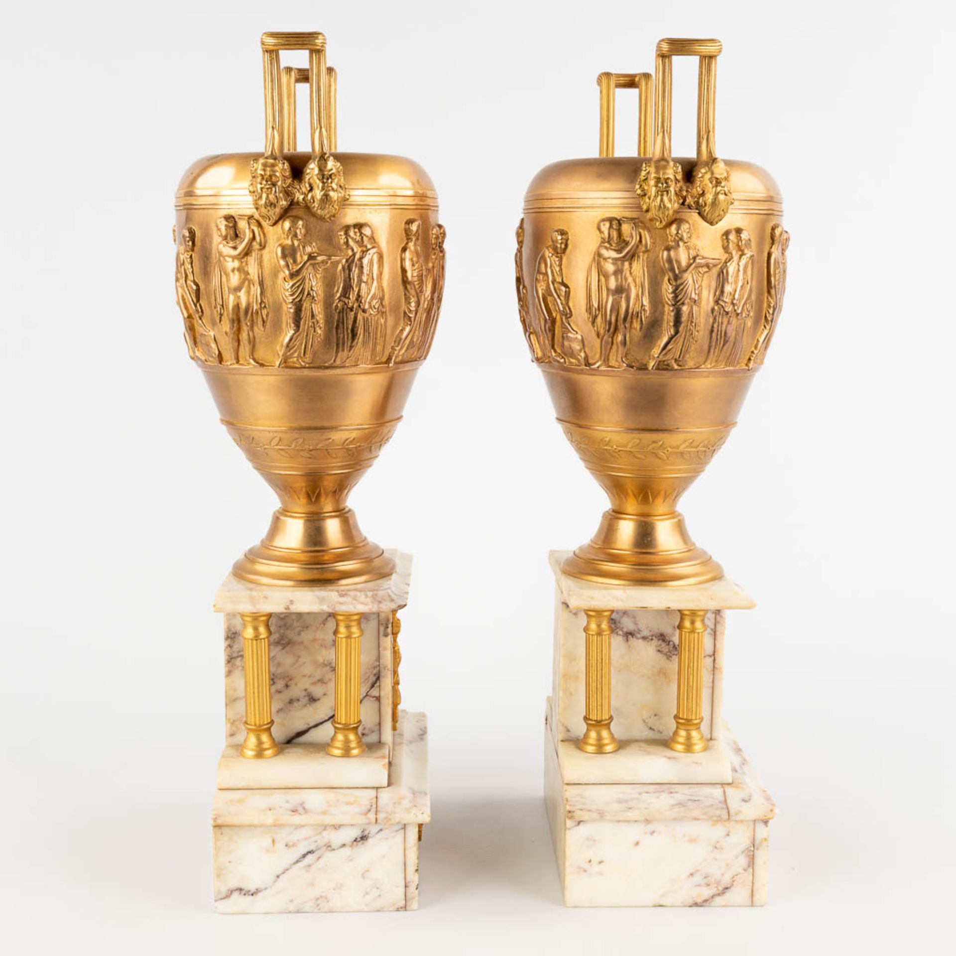 Ferdinand BARBEDIENNE (1810-1892) 'Neoclassical Cassolettes' gilt bronze on marble. (D:12 x W:18 x H - Image 4 of 18