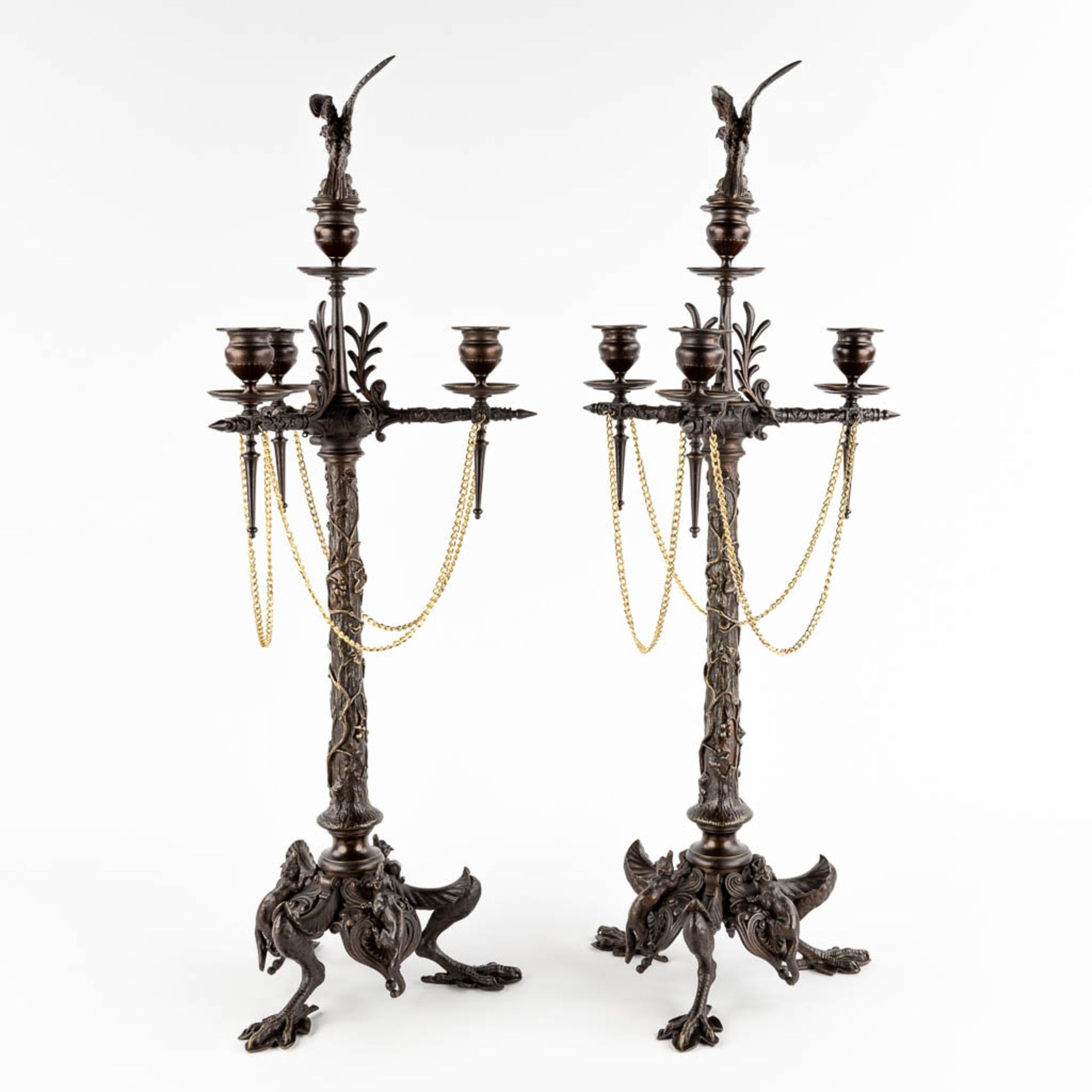 Jules MOIGNIEZ (1835-1894) 'Candelabra with birds and foxes' patinated bronze. (H:72 x D:24 cm) - Image 6 of 14