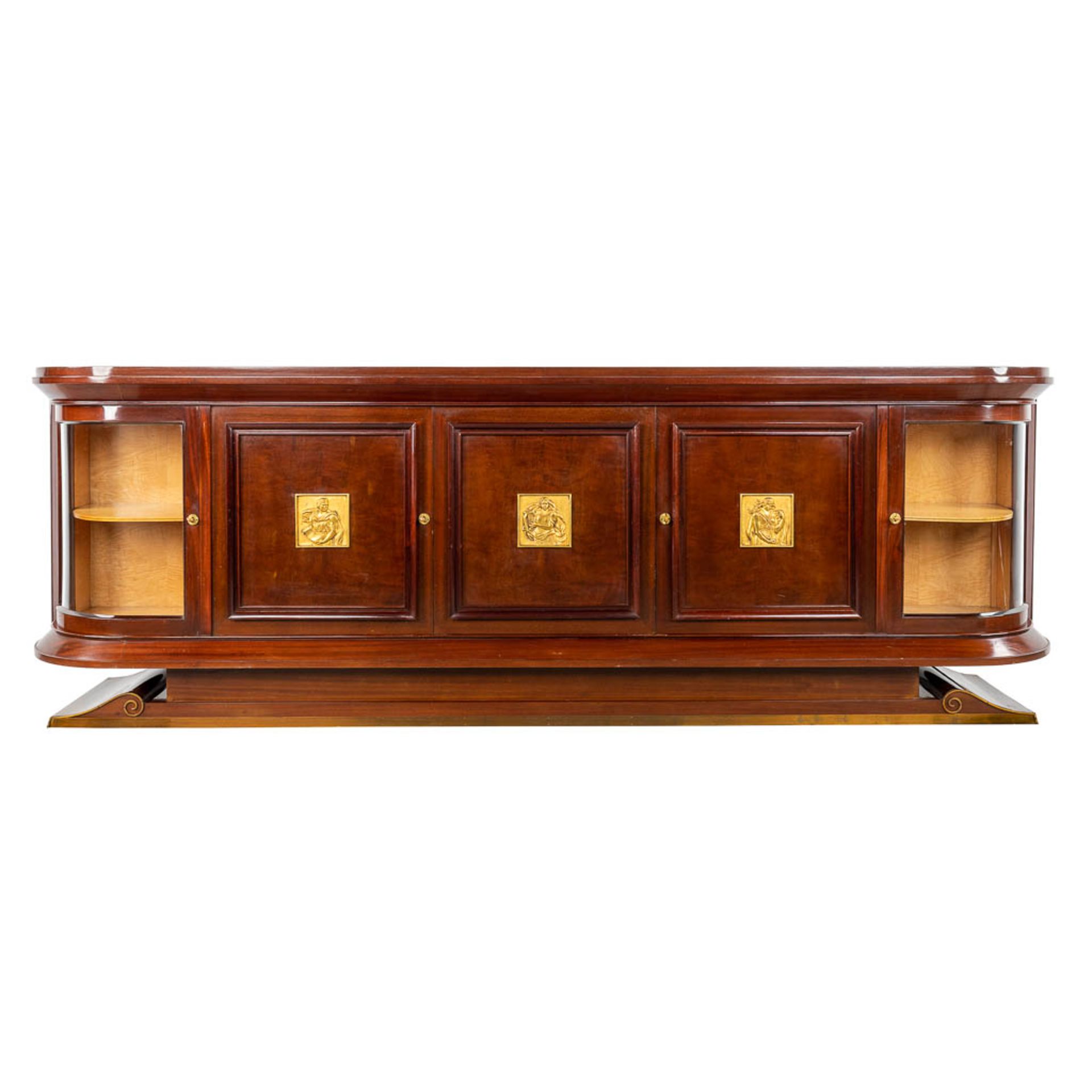 Decoene, an exceptional sideboard with gilt bronze plaques. Circa 1950. (D:50 x W:300 x H:100 cm)